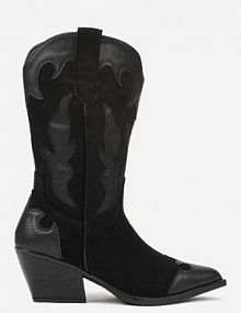 Czarne Kozaki Kowbojki na Stożku z Tłoczoną Cholewką Avrenne Renee