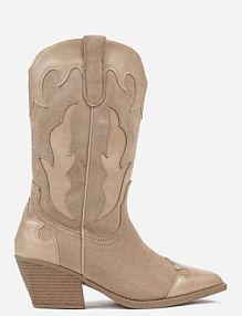 Ciemnobeżowe Kozaki Kowbojki na Stożku z Tłoczoną Cholewką Avrenne Renee