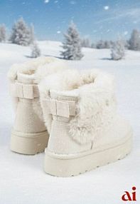 Beżowe Śniegowce z Cholewką za Kostkę Ocieplane z Futerkiem i Małą Kokardą Reinedia Renee damskie