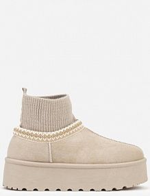 Beżowe Śniegowce VICES na Platformie ze Skarpetkową Cholewką i Haftem Ebentia damskie