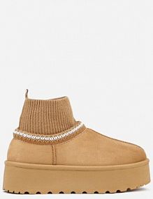 Jasnobrązowe Śniegowce VICES na Platformie ze Skarpetkową Cholewką i Haftem Ebentia damskie