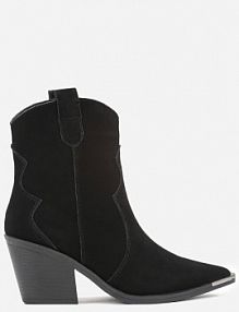 Czarne Skórzane Botki Kowbojki z Metaliczną Aplikacją na Nosku Saneara ideal damskie