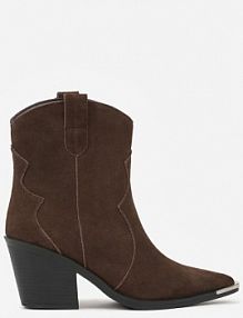 Ciemnobrązowe Skórzane Botki Kowbojki z Metaliczną Aplikacją na Nosku Saneara ideal damskie