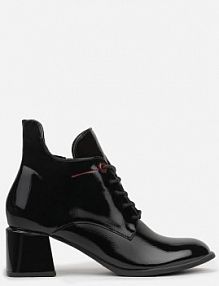 Czarne Asymetryczne Lakierowane Botki VICES na Obcasie ze Sznurowaną Cholewką Zalles