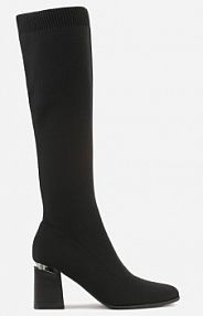 Czarne Eleganckie Kozaki VICES ze Skarpetkową Cholewką na Słupku z Aplikacją Raleana