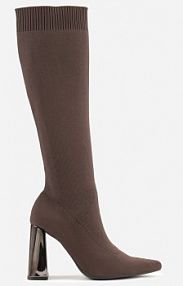 Brązowe Skarpetkowe Kozaki Vices na Słupku z Metalicznym Połyskiem Tuvitte