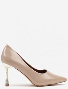 Beżowe Szpilki Lakierowane Vices ze Skórzaną Wkładką Ozdobione Cyrkoniami Cindrie