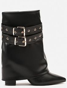 Czarne Botki Kowbojki na Słupku Ozdobione Klamrami i Wywiniętą Cholewką Codvire ideal damskie