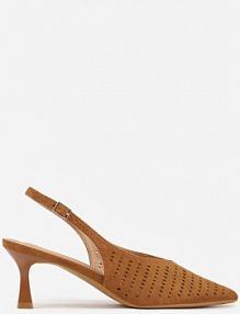 Brązowe Czółenka Slingback VICES na Kaczuszce z Ażurową Cholewką Klephei