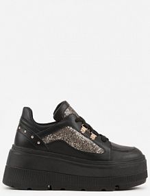Czarne Sneakersy VICES na Koturnie z Brokatowymi Wstawkami Morinatea damskie
